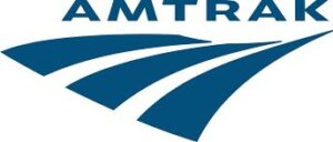 A blue and white logo of amtrak.